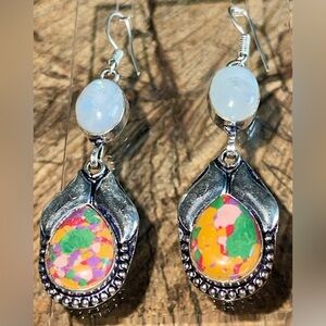 Calsilica & Rainbow Moonstone Earrings 2 1/4”